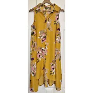 Women's Mlle Gabrielle Golden Floral High-Low Buttondown Sleeveless Dress (Med)